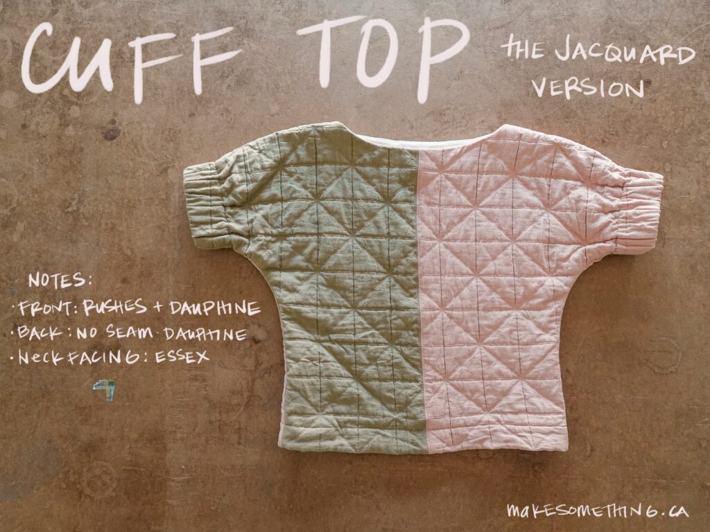 Quilted Cuff Top sewing pattern made in sage and blush jacquard fabric, shown flat on a neutral background